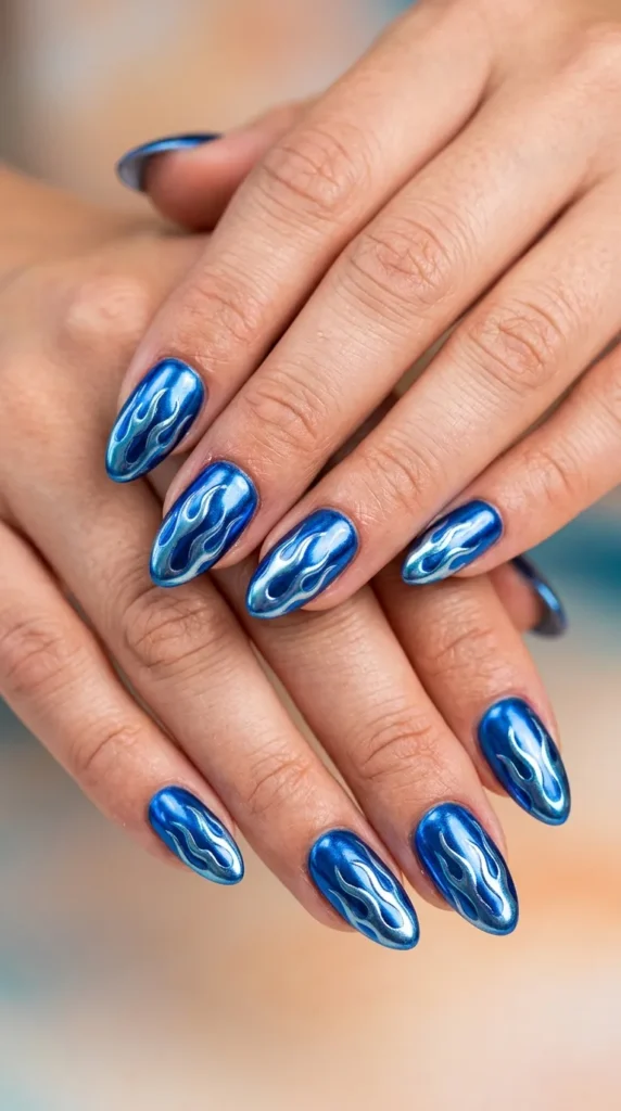Blue Chrome Flame Nails
