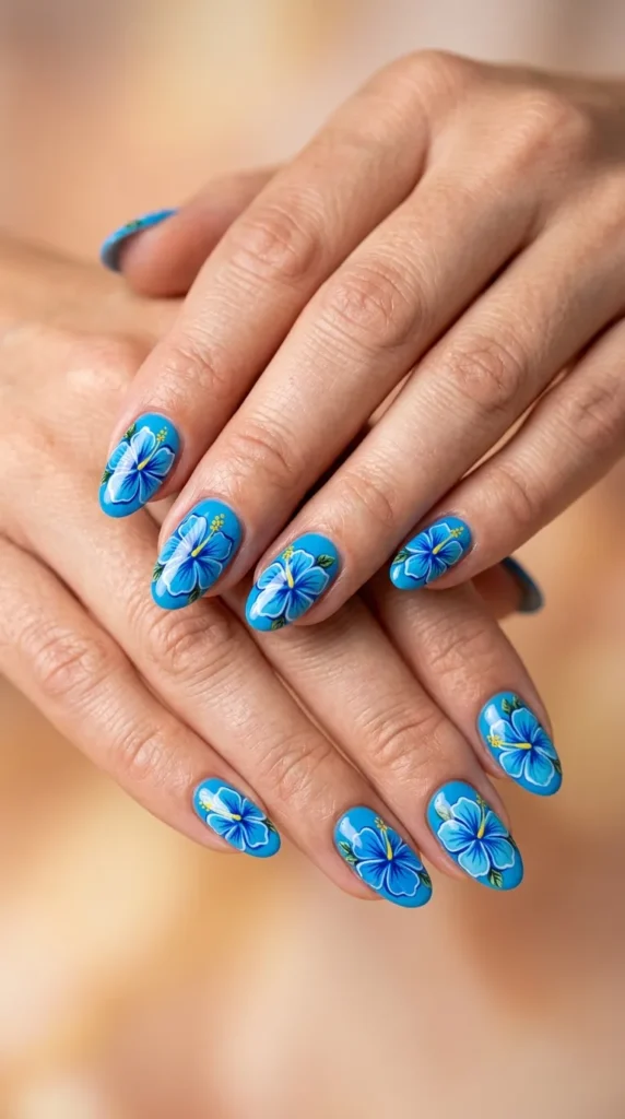 Blue Hibiscus Flower Nails