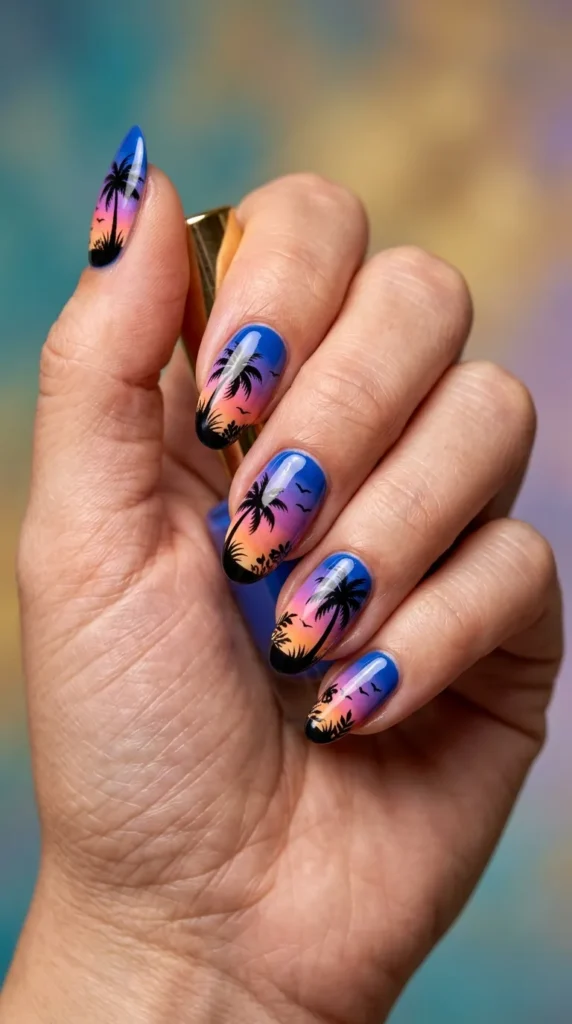 Blue Palm Tree Sunset Nails