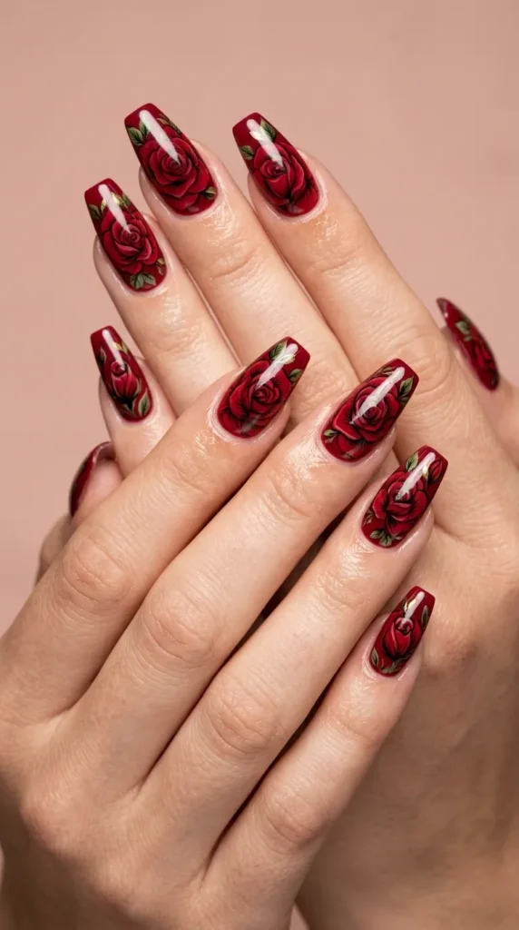 Bold Red Rose Statement Nails