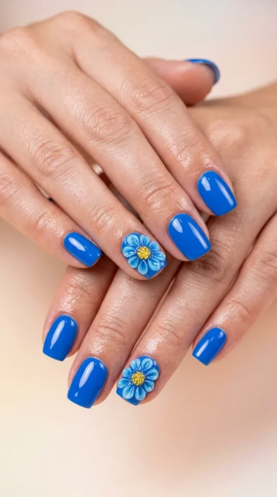 Bright Blue 3D Flower Nails