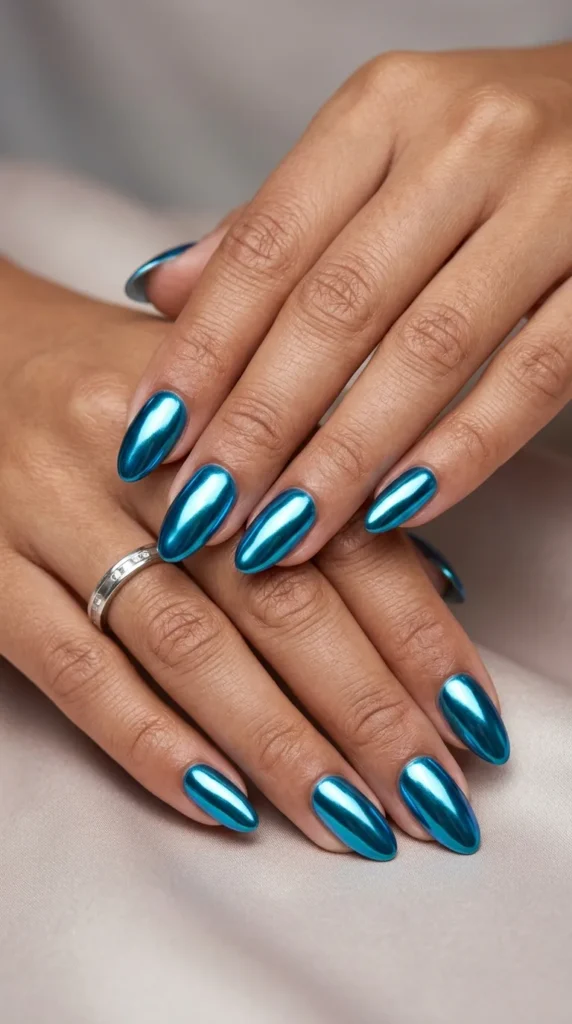Bright Blue Chrome Nails