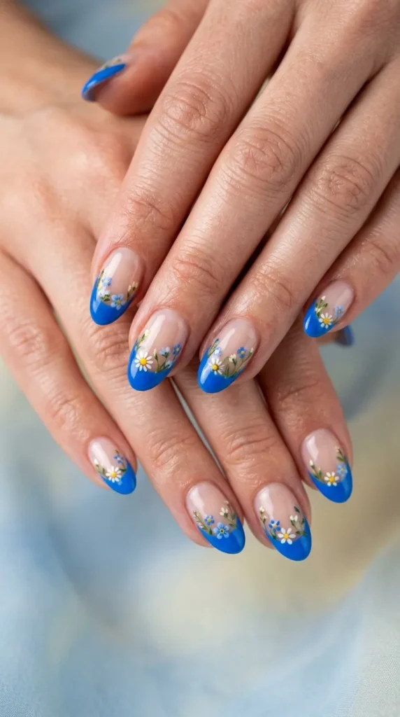 Bright Blue Floral French Tips