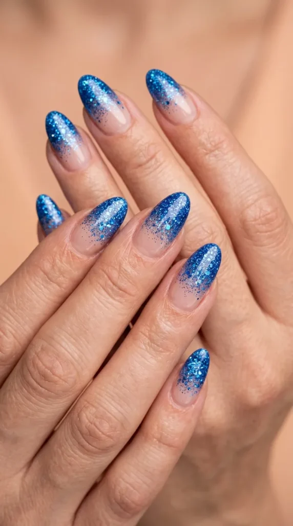 Bright Blue Glitter Fade Nails