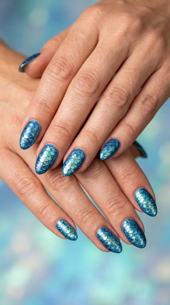 Bright Blue Mermaid Nails