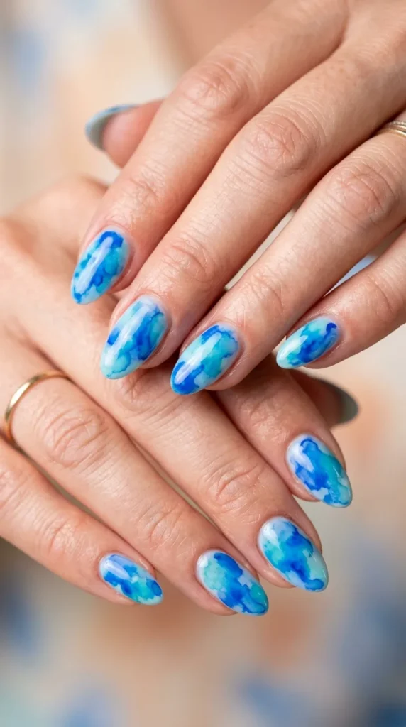 Bright Blue Watercolor Nails