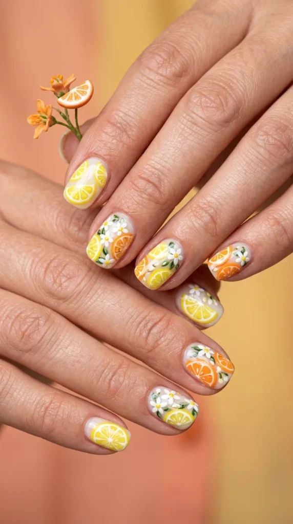 Bright Citrus Floral Nail Combo