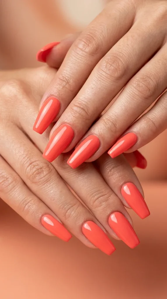 Bright Coral Coffin Nails