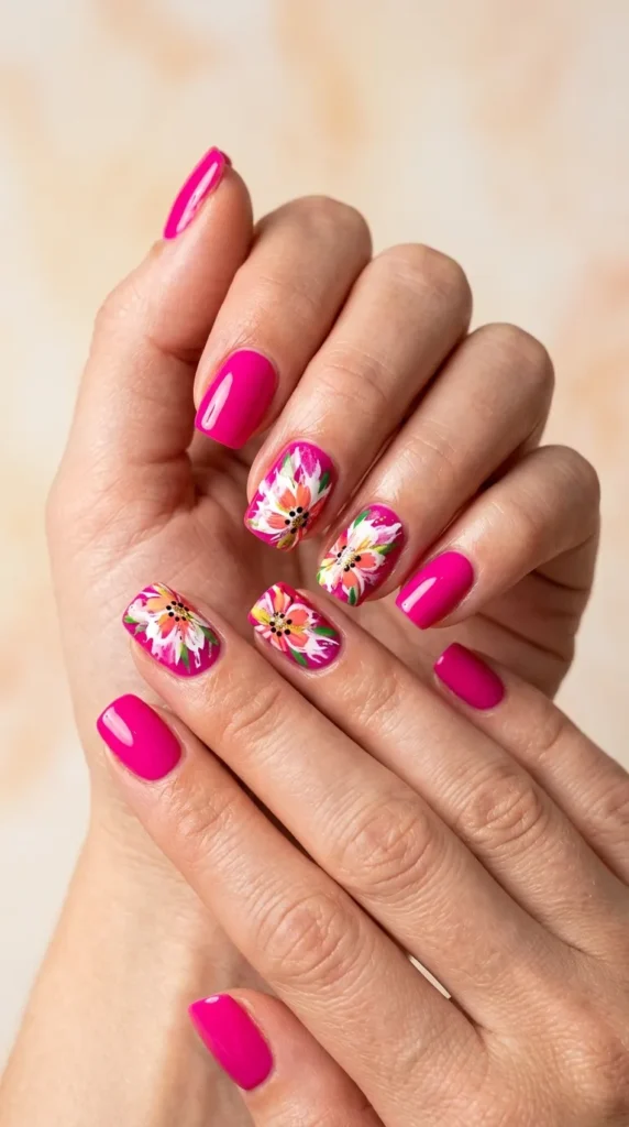 Bright Fuchsia Floral Splash Nails