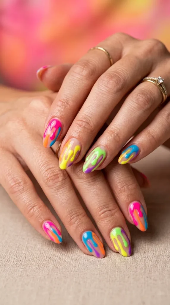 Bright Multicolor Drip Nails