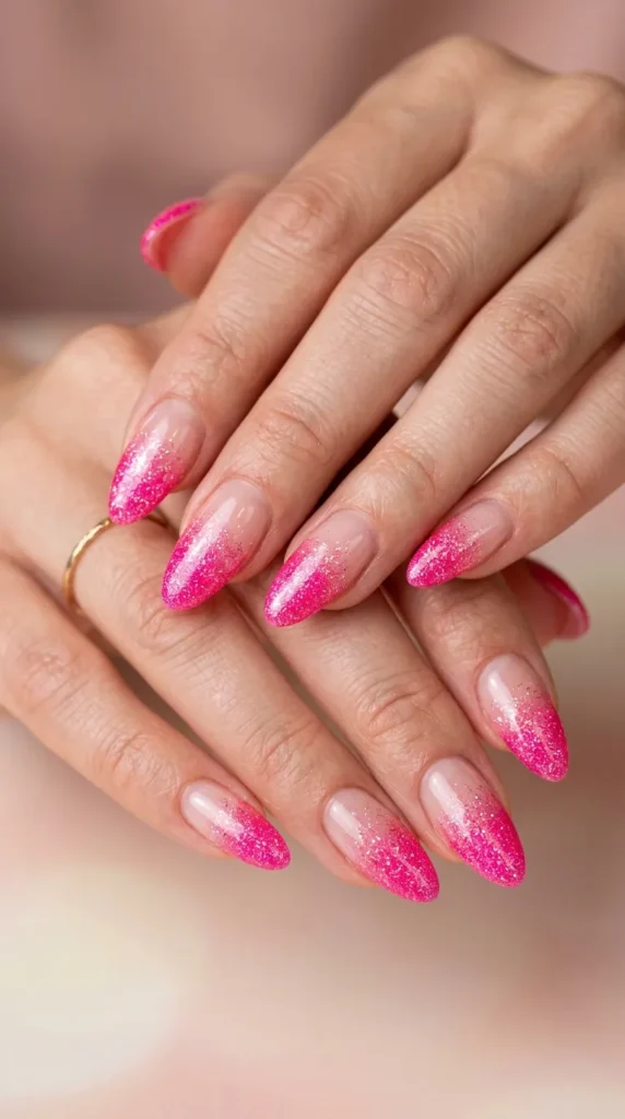 Bright Pink Glitter Fade Nails