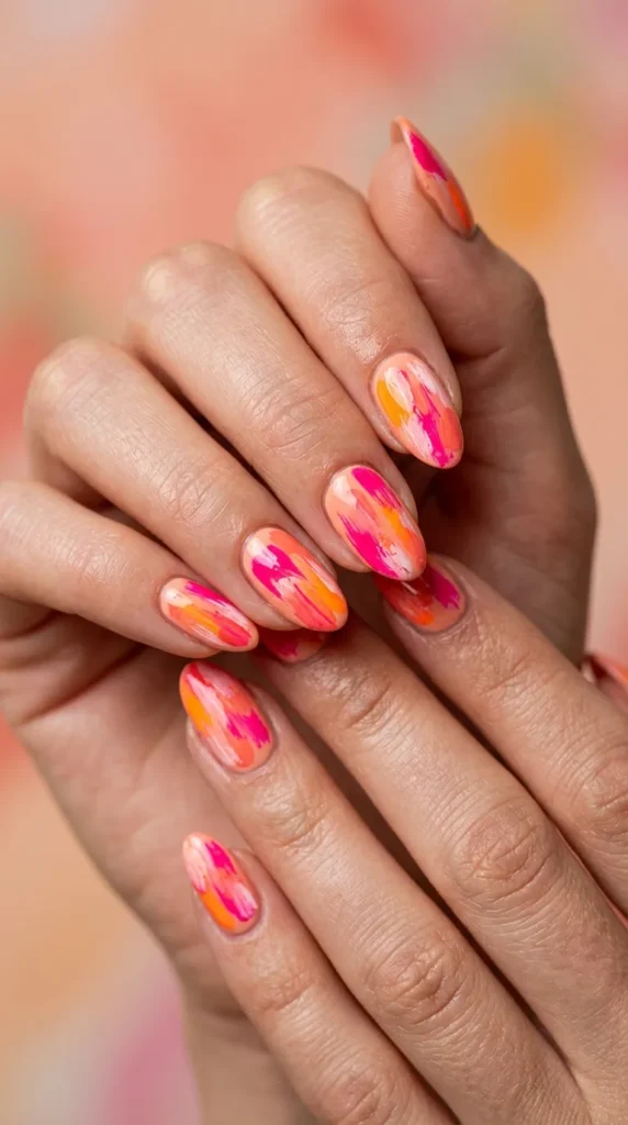 brush stroke pink-orange nails
