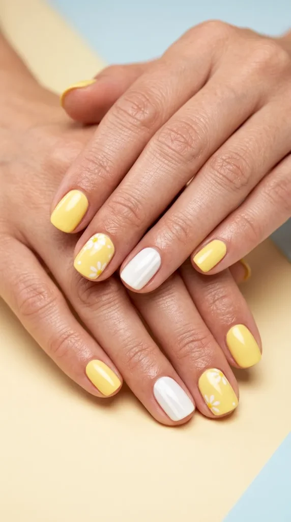 Butter Yellow and White Combo Nails
