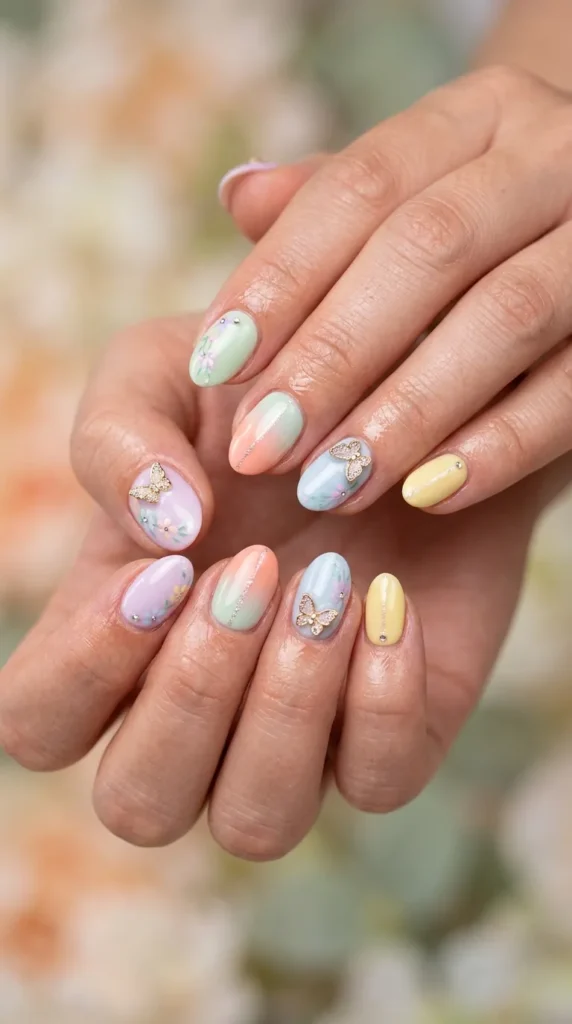 Butterfly charm pastel gel nails