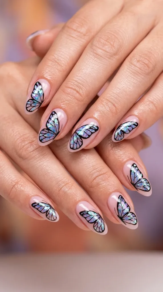 Butterfly nail art on sheer pink almond base