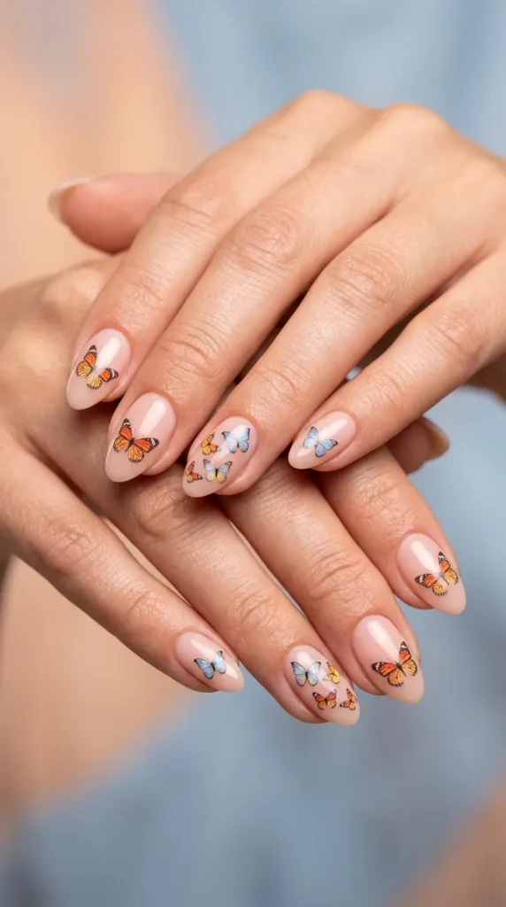 Butterfly nail decals on nude pink