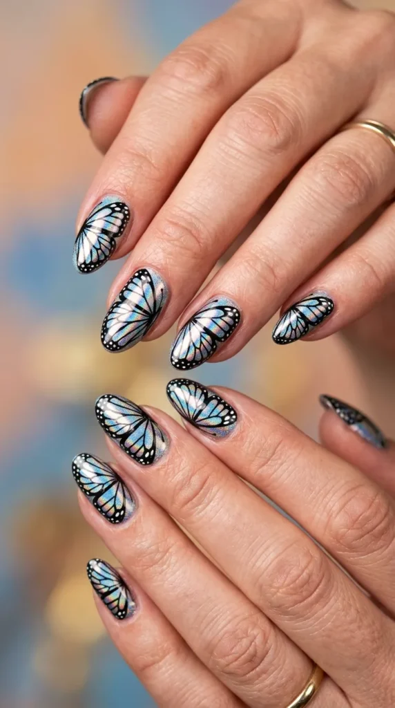 Butterfly wing holographic chrome nails