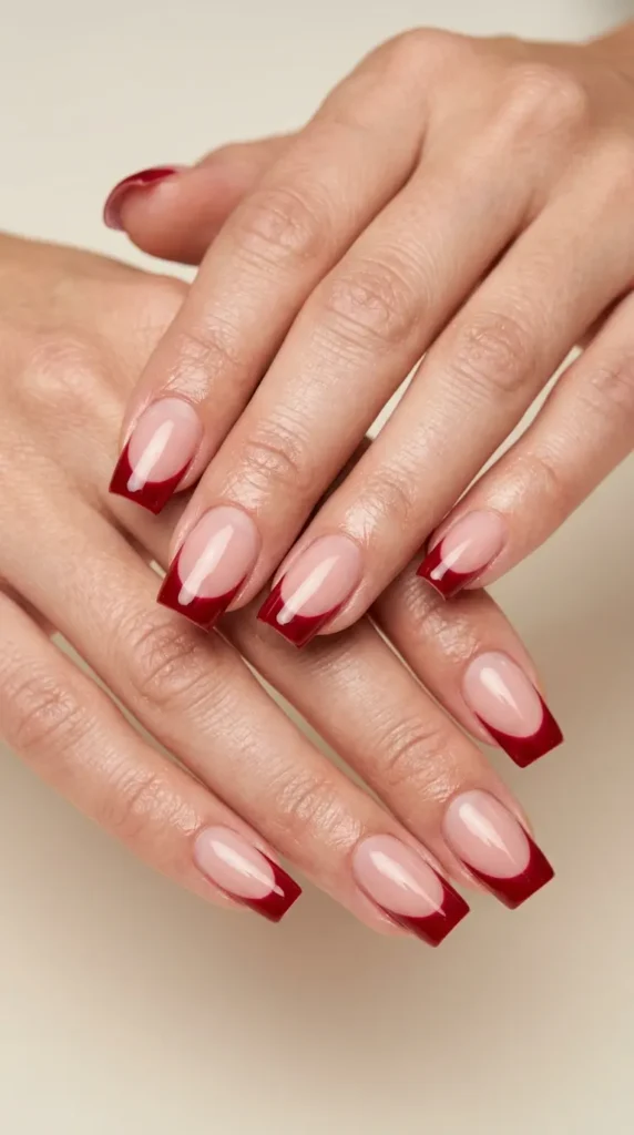 Cherry Red French Tip Square Nails