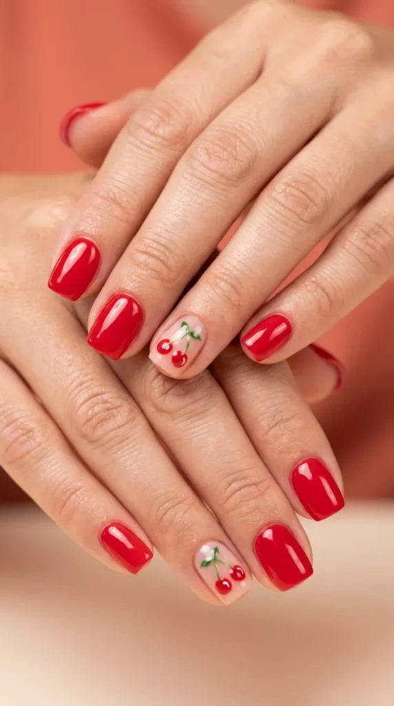 Cherry red glossy fruit nails