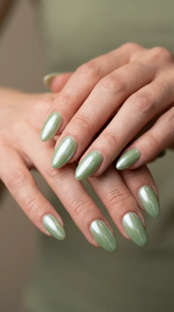Chrome Matcha Almond Nails
