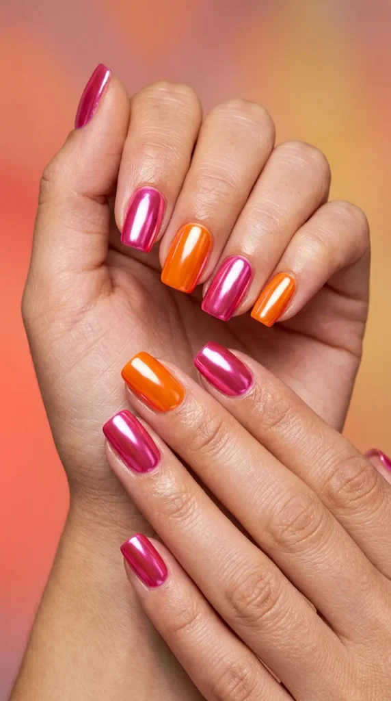 Chrome mirror nails in hot pink and electric orange