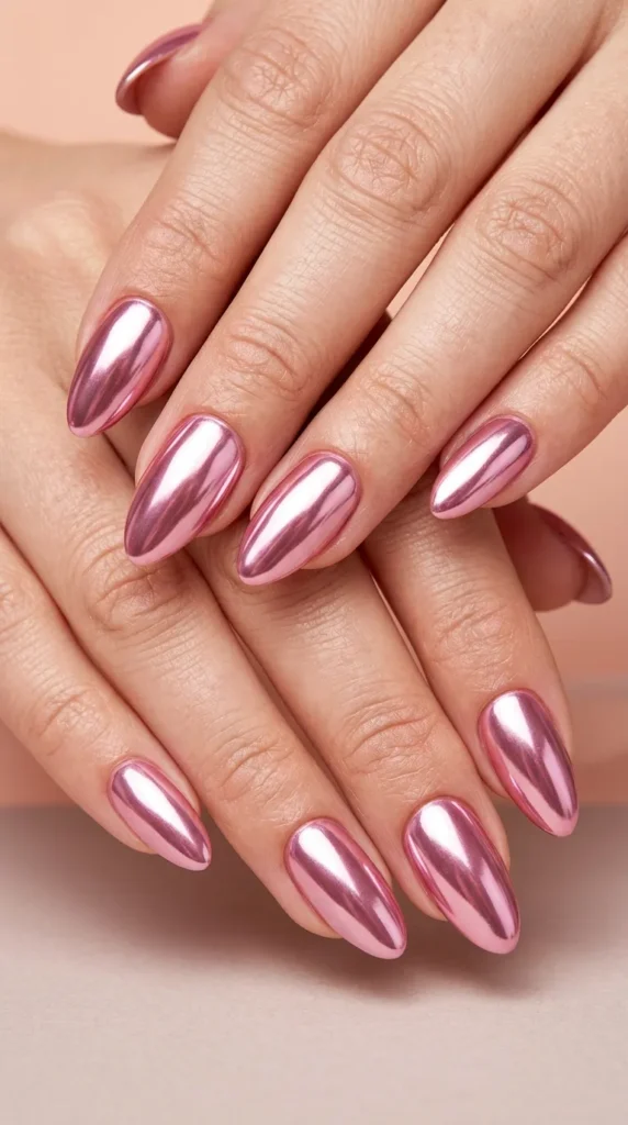 Chrome pink mirror almond nails
