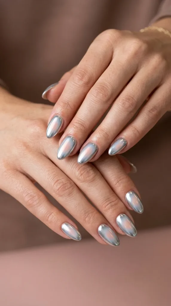 Chrome silver aura glow nails