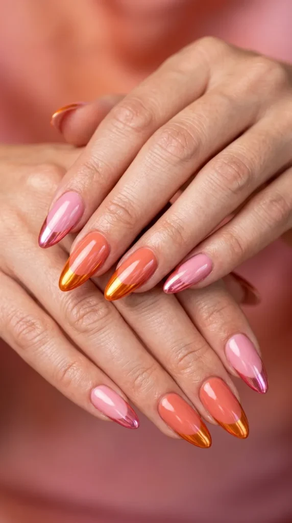 chrome tip pinkorange nails
