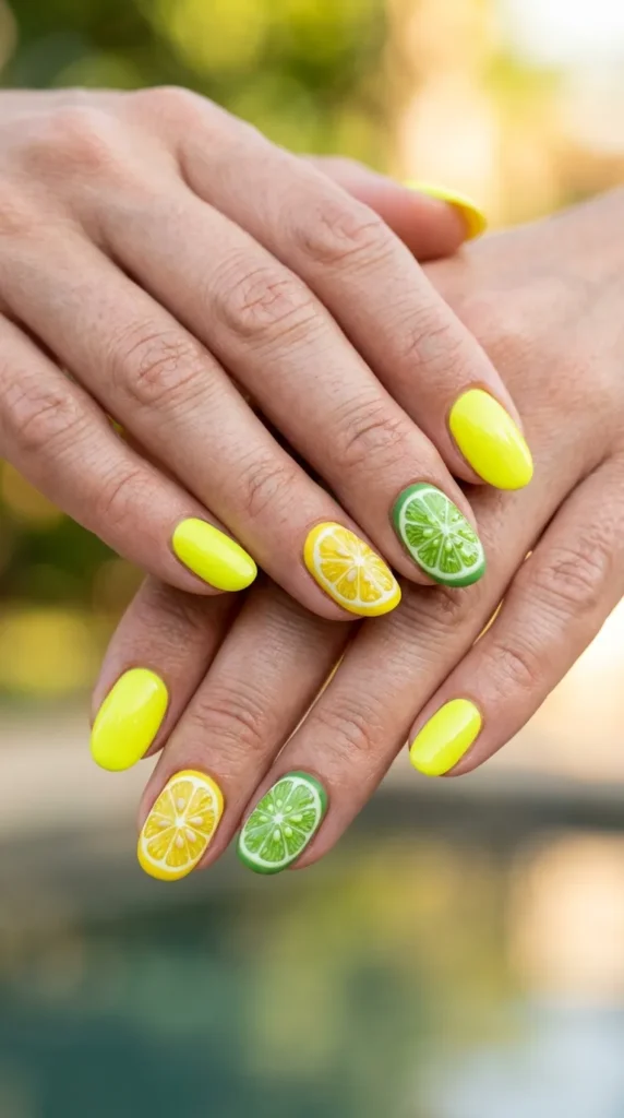 Citrus slice nail art (lemon, lime accent nails)