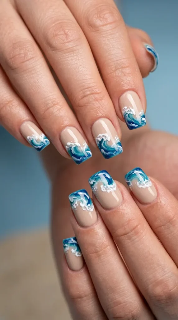 Coastal Wave Art Square Nails