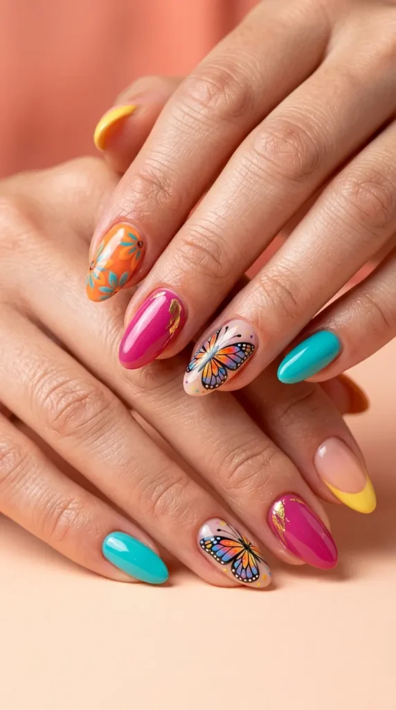 Colorful Butterfly Accent Nails
