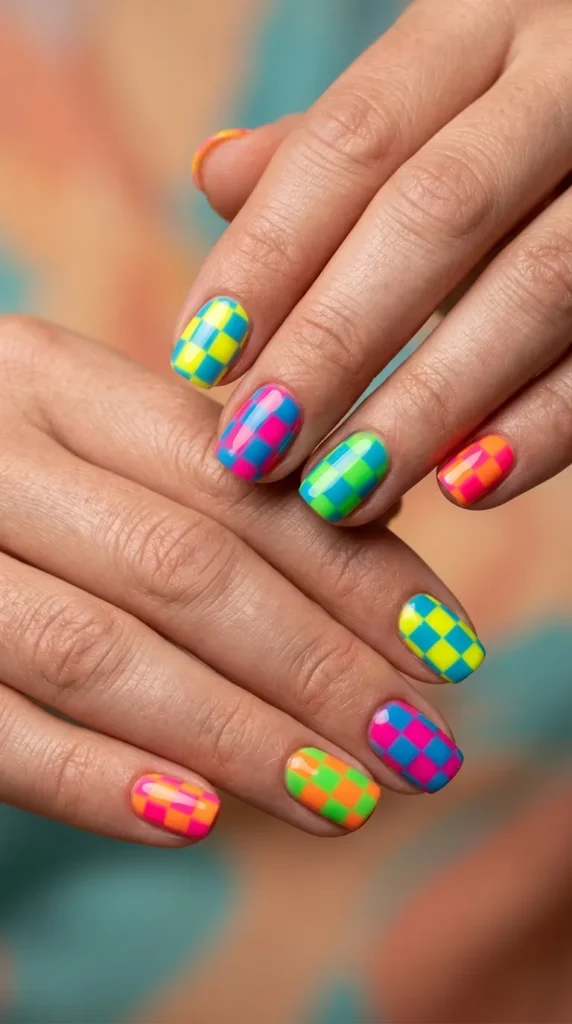 Colorful Checkerboard Nails