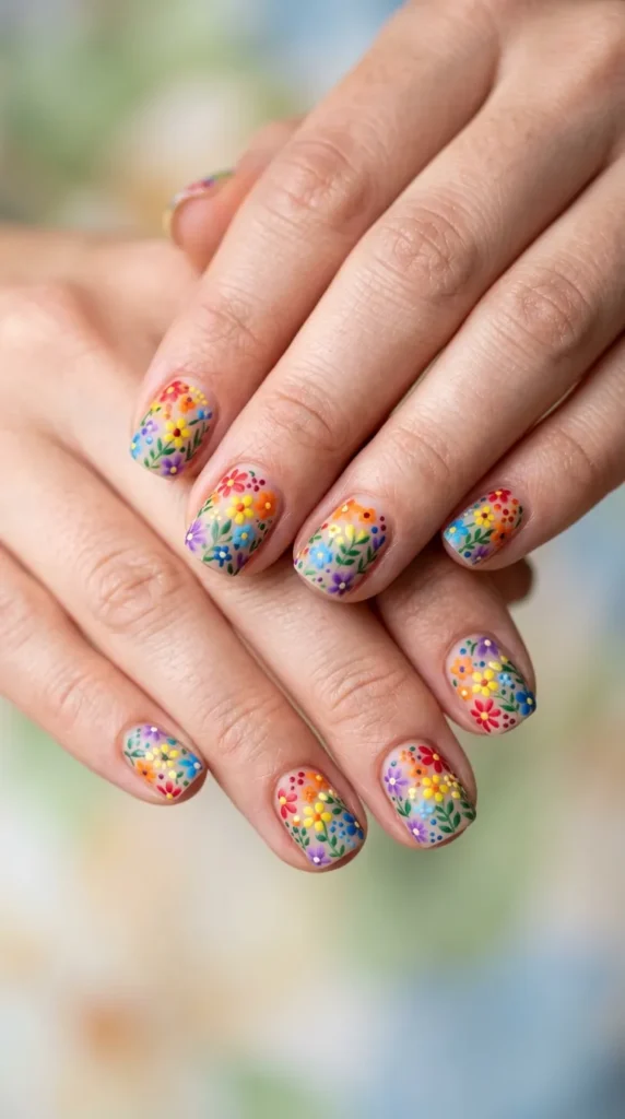 Colorful Floral Rainbow Nails