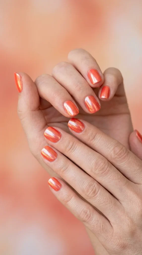 Coral Chrome Short Nails