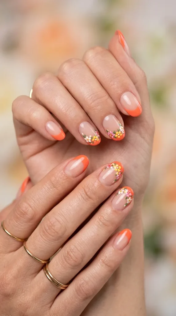 Coral French Tips with Floral Edge Detail