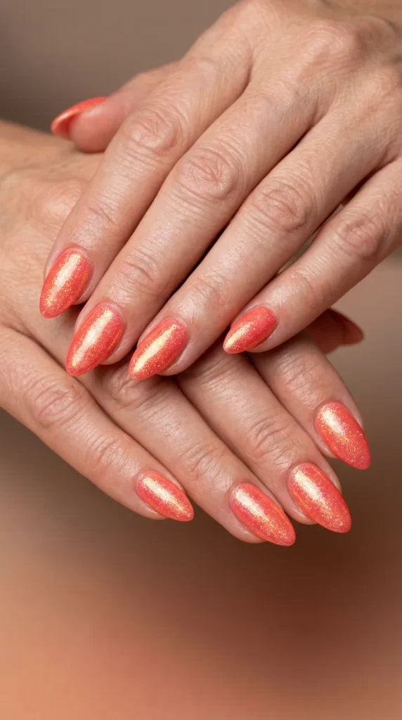 Coral reef inspired almond nails with shimmer