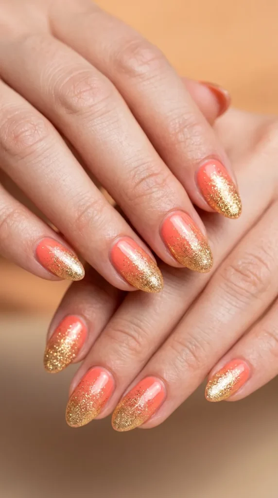 Coral to gold shimmer gradient nails