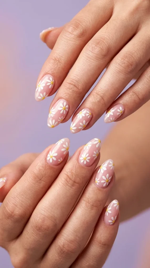 Daisy floral almond nails on sheer base