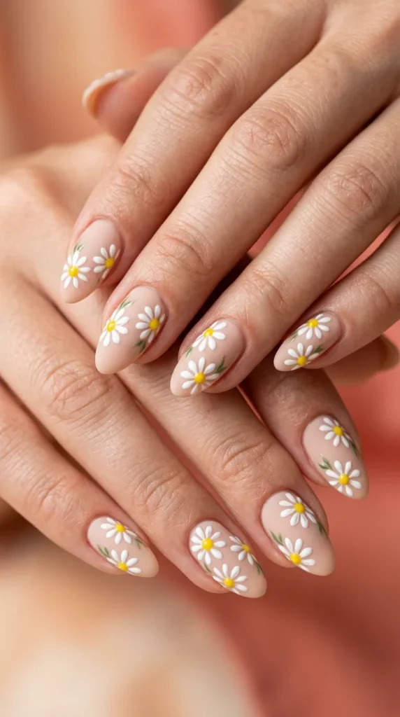 Daisy white floral nails on nude base