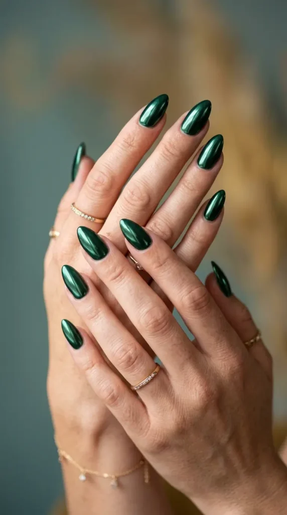 Dark Green Chrome Almond Nails
