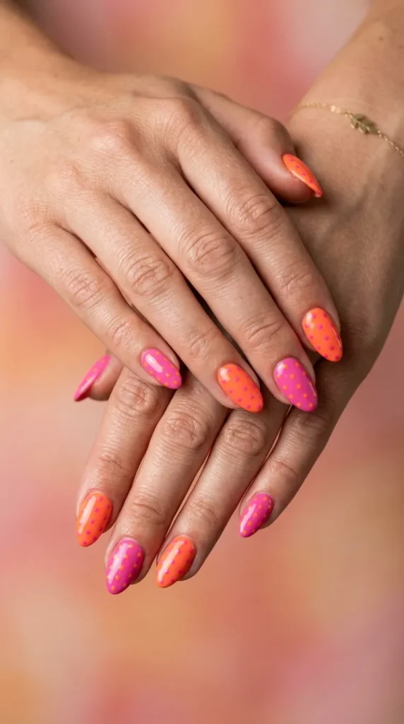 dot accent pinkorange nails