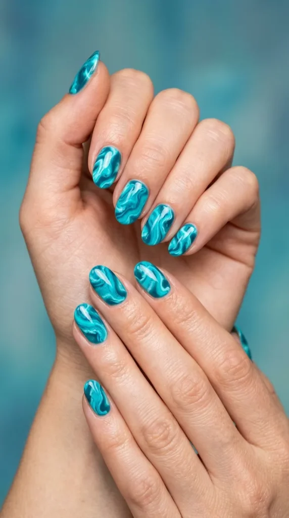 Electric Aqua Marble Nails