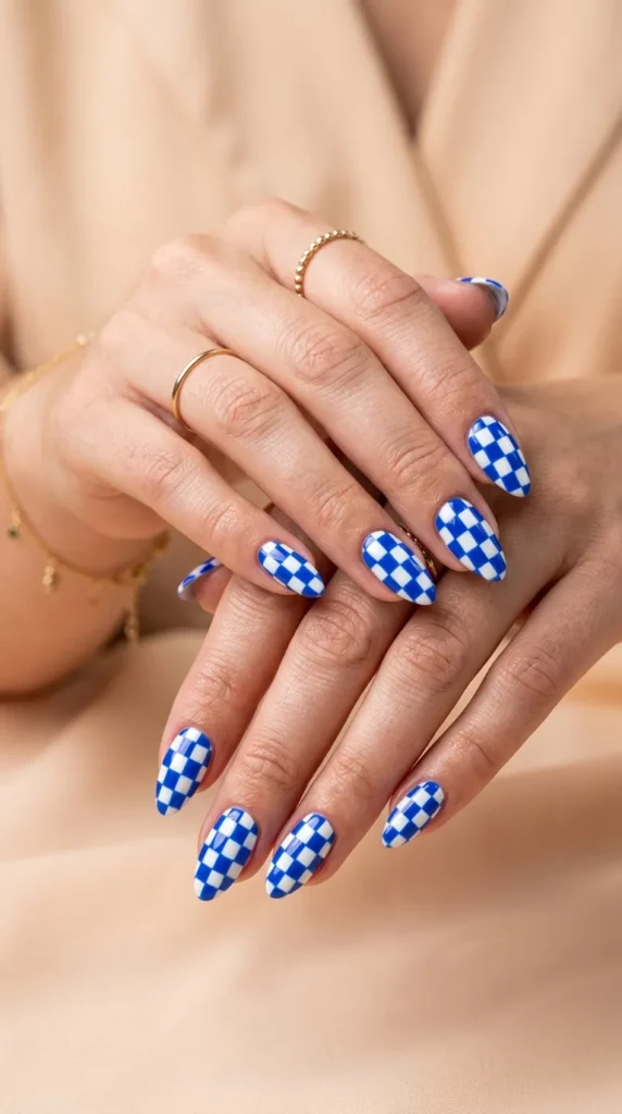 Electric Blue Checkerboard Nails
