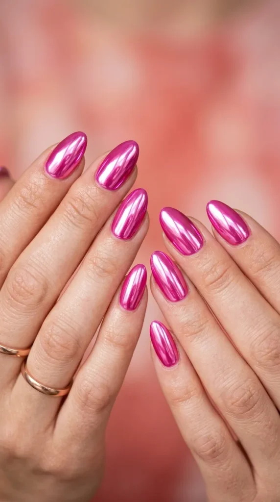 Electric Pink Chrome Almond Nails