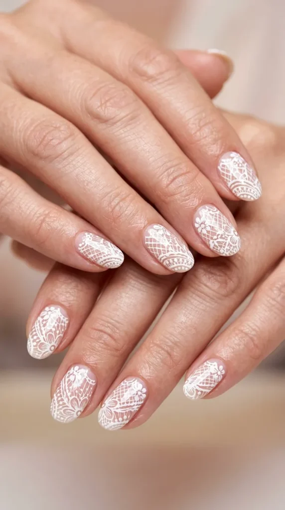 Elegant White Floral Lace Nail Design