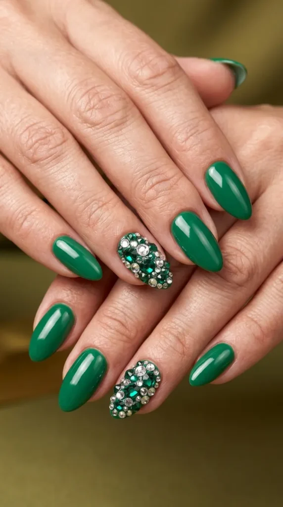 Emerald Rhinestone Accent Nails