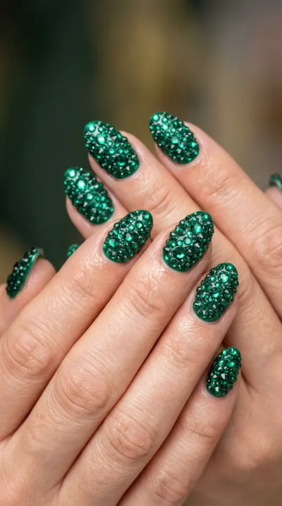 Emerald Rhinestone Nails