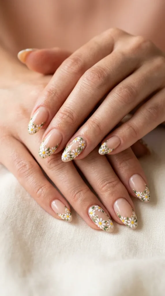 Floral French tip almond nails with daisies