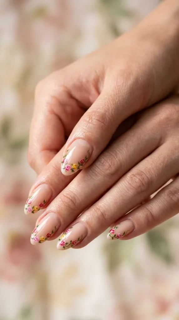 Floral French Tips with Tiny Hand-Painted Roses