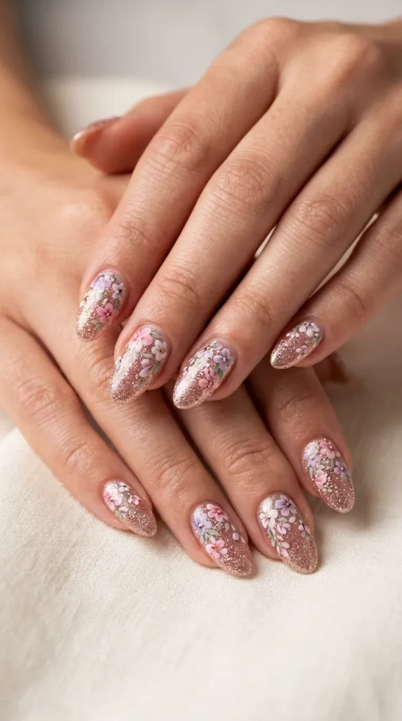 Floral Glitter Fade Nails with Tiny Blossoms